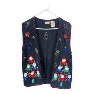 Bobbie Brooks Black Christmas Vest Knit Santa Tree Holiday Ugly Sweater Medium